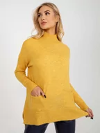 Swetry damskie - Sweter oversize żółty casual golf dekolt półgolf rękaw długi długość długa kieszenie - miniaturka - grafika 1