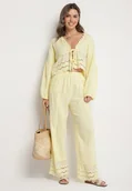 Komplety damskie - Żółty Bawełniany Komplet z Ażurowymi Zdobieniami Wiązana Bluzka i Spodnie Savurielle - miniaturka - grafika 1