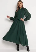 Sukienki - Ciemnozielona Rozkloszowana Sukienka Maxi z Plisowanym Dołem i Paskiem Brofilla - miniaturka - grafika 1