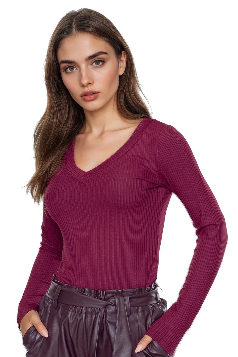 Koszulka damska z długim rękawem z prążkowanej wiskozy Eleonor bordowa M