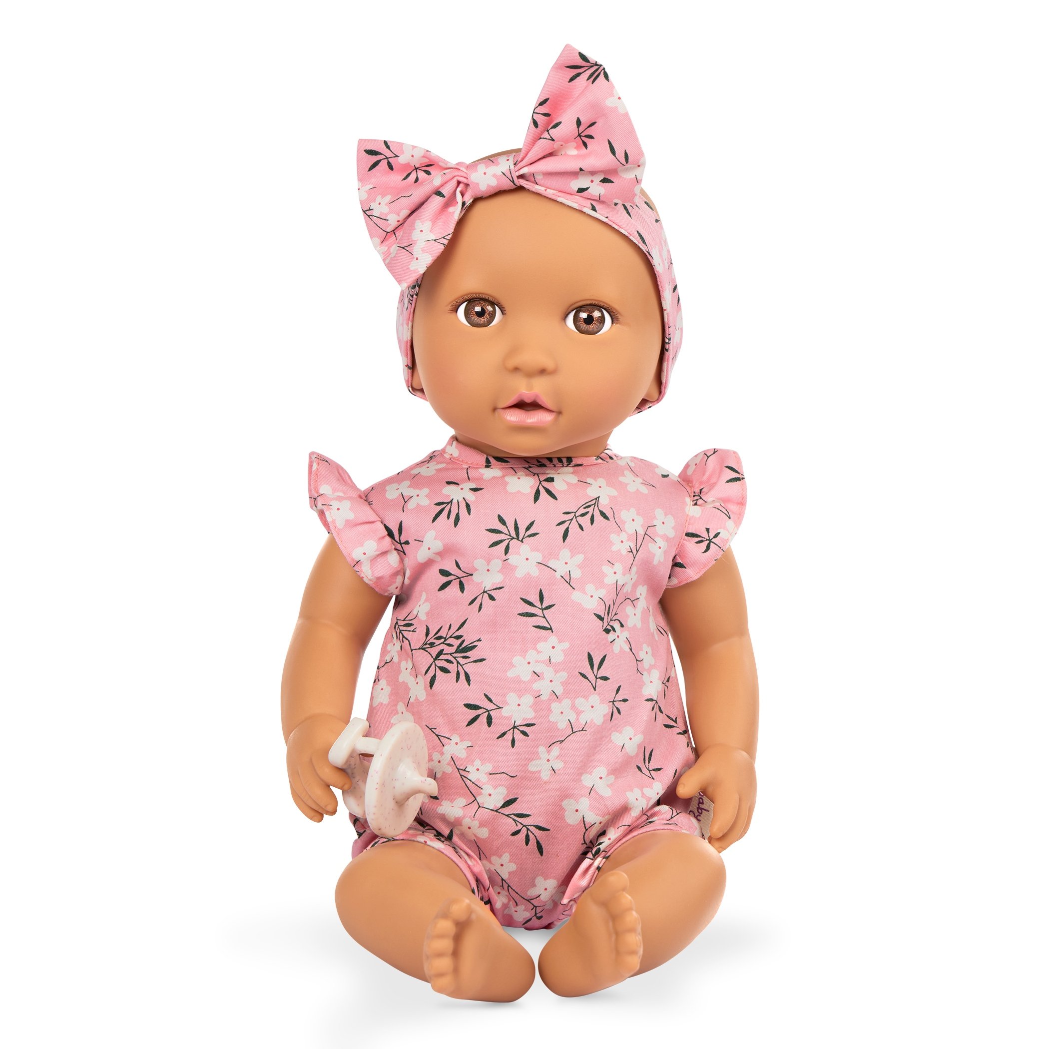 LullaBaby: Lalka Niemowlę ze smoczkiem, w ubranku w kwiatuszki i opasce