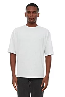 Koszulki męskie - TRENDYOL Męski t-shirt oversized basic, okrągły dekolt, dzianina, biały, S - grafika 1