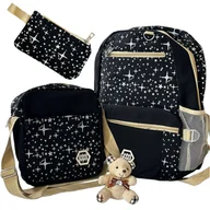Plecaki - Plecak 3w1 szkolny miejski młodzieżowy tornister torba piórnik kosmetyczka brelok miś pojemny damski Czarny w Gwiazdki Alogy - miniaturka - grafika 1
