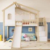 Łóżka dla dzieci i młodzieży - Łóżko piętrowe 90 x 200 cm, barierki łóżkowe, drabinka do przechowywania, okno, zjeżdżalnia, balustrada domowa, kolor naturalny + biały - miniaturka - grafika 1