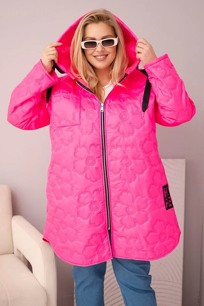 Kurtka damska Plus Size pikowana z kapturem i napisem HOPE różowy neon