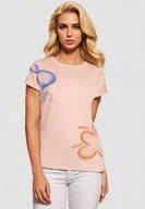 Koszulki i topy damskie - Jasnoróżowy Klasyczny T-shirt z Bawełny Ozdobiony Nadrukiem i Cyrkoniami Kristinae - miniaturka - grafika 1