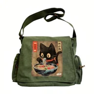 Torebki damskie - TEMU Anime Kawaii Torba Tote - Duża Pojemność, Oliwkowa Zielona Torba na Ramię z Nadrukiem Czarnego Kota i Ramenu, Regulowany Pasek, Zamek - miniaturka - grafika 1