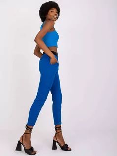 Spodnie damskie - Spodnie z materiału ciemny niebieski elegancki klasyczny chinosy nogawka prosta kieszenie pasek - grafika 1