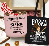 Gadżety dla niej i dla niego - Zestaw prezentowy na 50 urodziny - kubek na 50 z imieniem oraz torba brunetka - miniaturka - grafika 1