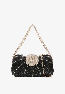 Czarna Cyrkoniowa Torebka Kopertówka z Kwiatową Aplikacją i Łańcuszkiem Fessavia - Torebki damskie - miniaturka - grafika 1