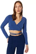 Body - Trendyol Damska bluzka z dzianiny typu slim bodycone, dekolt w serek, NIEBIESKI, L - miniaturka - grafika 1