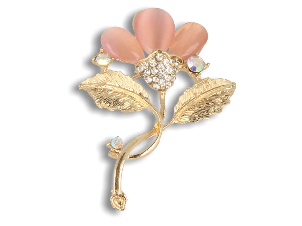 Broszka agrafka złote zawijasy z różowymi kamieniami