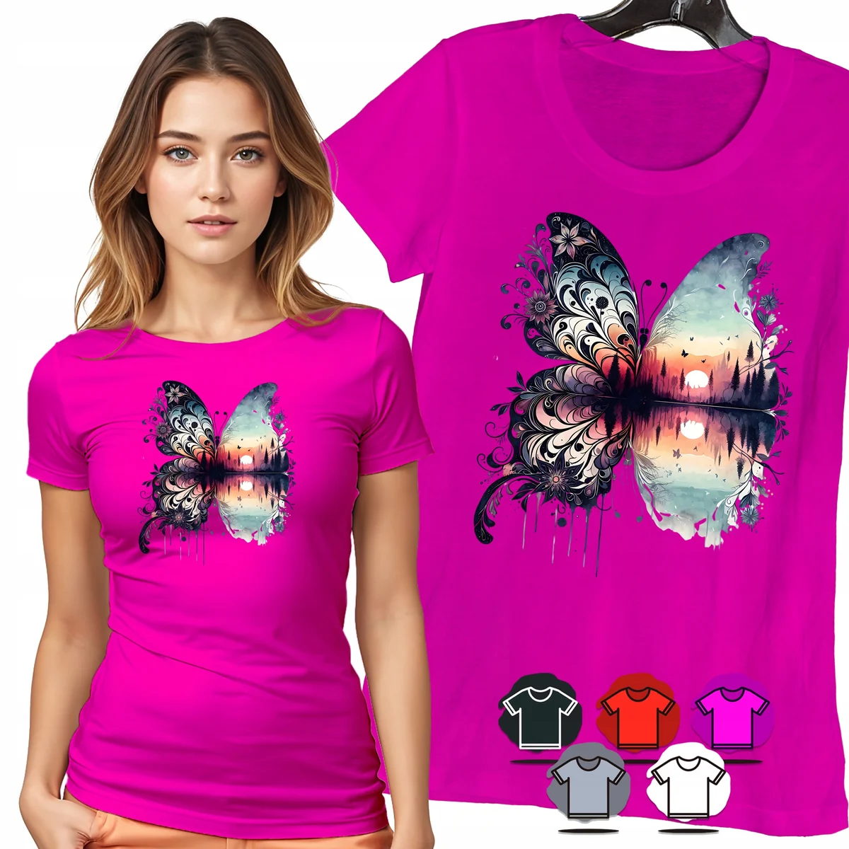 KOSZULKA DAMSKA T-SHIRT - MOTYL KWIATY I JEZIORO KOLOROWY WIDOK WZÓR - XXL