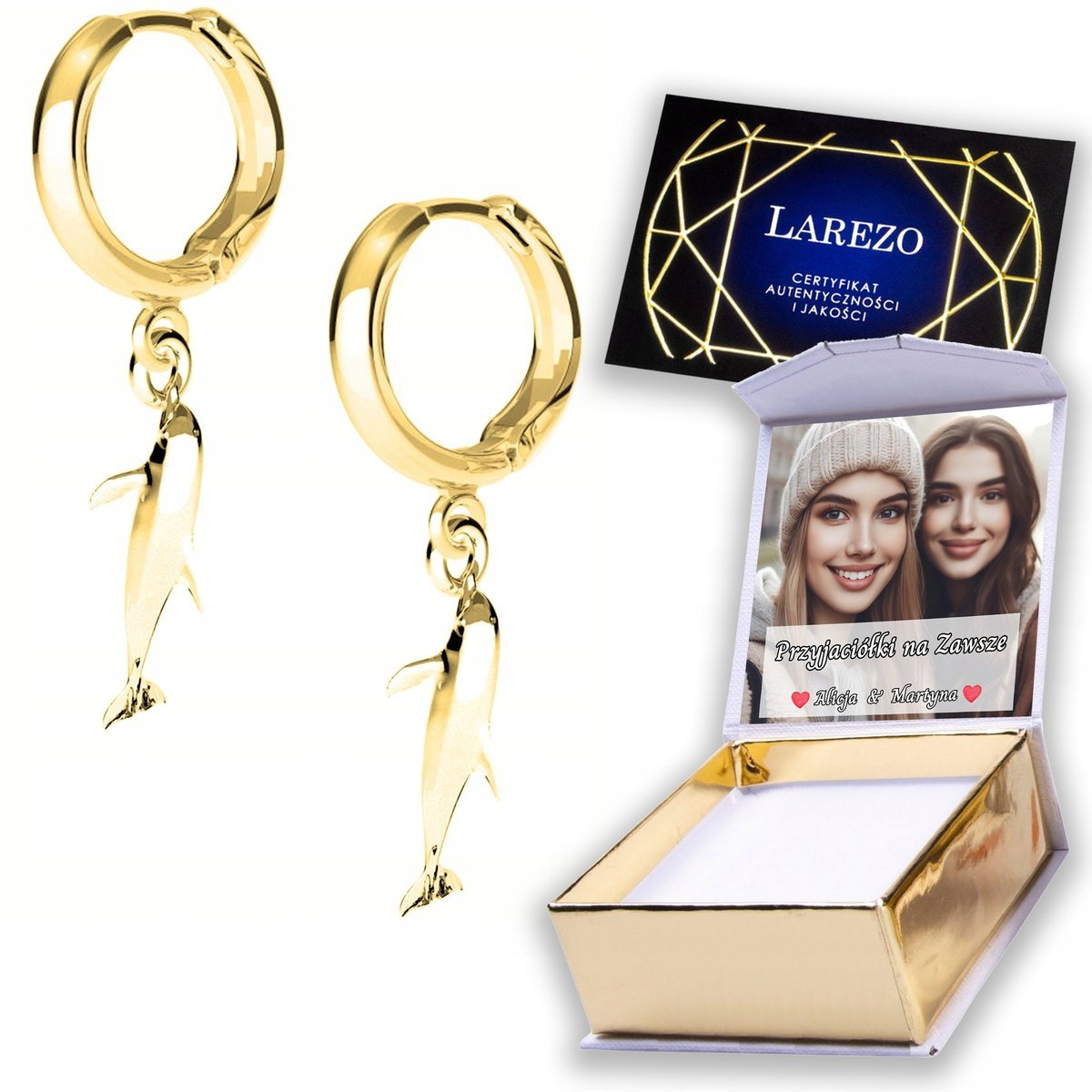 Złote Kolczyki 925 z Delfinem Ryby Rybki Delfiny Zwierzę Ocean NADRUK