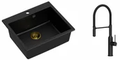 Zlewozmywaki z baterią - Quadron Zlewozmywak granitowy jednokomorowy 57*50*22 cm MORGAN 110 PURE CARBON czarny ze złotym odpływem z baterią MARILYN Q LINE PURE CARBON z ruchomą wylewką kolor czarny - miniaturka - grafika 1