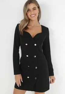 Czarna Sukienka Marynarka Taliowana z Guzikami Genzana - Sukienki - miniaturka - grafika 1