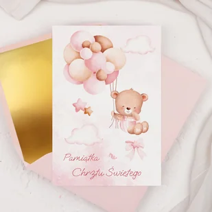 Kartka na Chrzest ��wi��ty z r����owym misiem i balonami - Pink Teddy + koperta ozdobna - Kartki okolicznościowe i zaproszenia - miniaturka - grafika 1