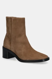 Calvin Klein botki zamszowe BLOCK HEEL ZIP BOOT SUE damskie kolor brązowy na słupku HW0HW02592 - Botki damskie - miniaturka - grafika 1