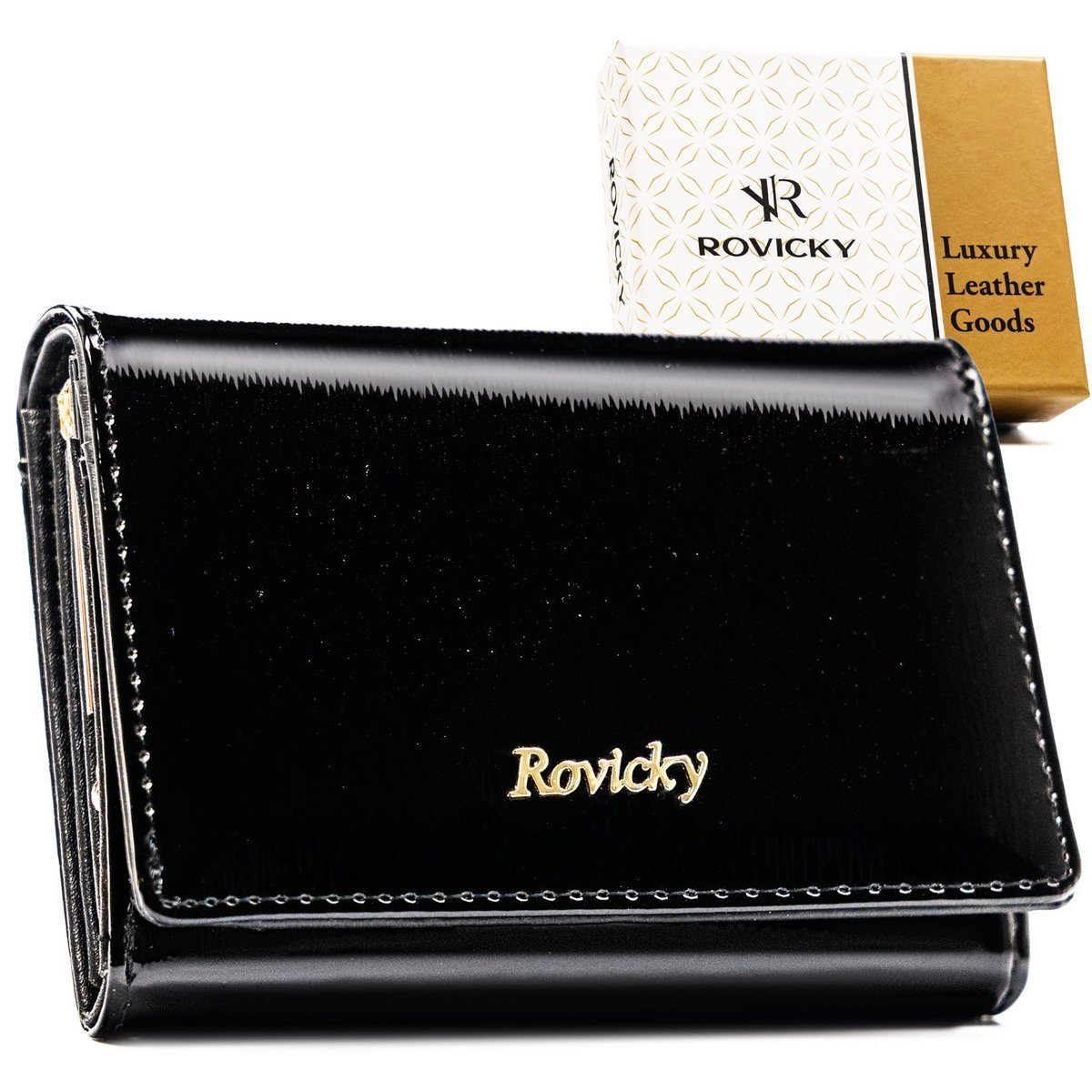 Czarny portfel damski ROVICKY skórzany mały na zatrzask lakierowany rfid stop elegancki