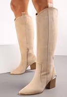 Kozaki damskie - Beżowe Kozaki Kowbojki przed Kolano z Metalicznym Noskiem Caspianna - miniaturka - grafika 1