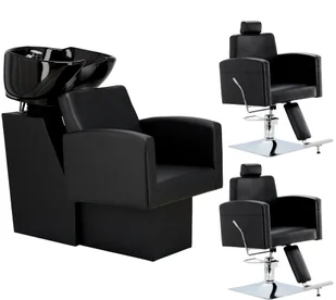 Zestaw myjnia fryzjerska i 2x fotel fryzjerski hydrauliczny obrotowy podnóżek do salonu fryzjerskiego myjka ruchoma misa armatura bateria słuchawka - Meble fryzjerskie - miniaturka - grafika 1