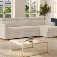 Sofy i kanapy - Kanapa narożna dwustronna rozkładana w tkaninie typu szenil w beżowym kolorze – Powierzchnia spania 160 cm – Materac 18 cm VIZIR. - miniaturka - grafika 1