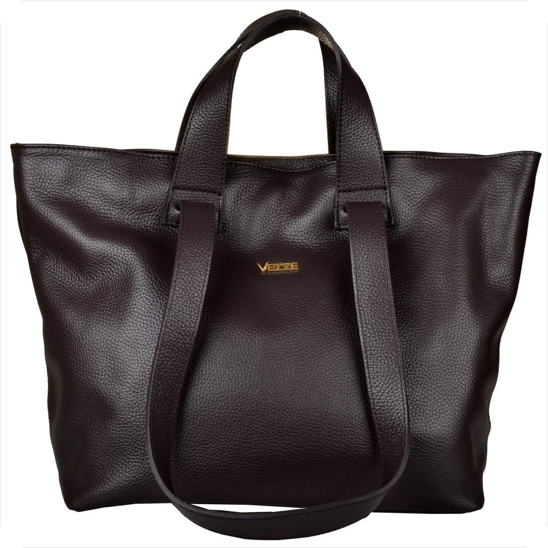 VEZZE Torba skórzana shopper bag brąz czekolada złote okucia na ramię i do ręki