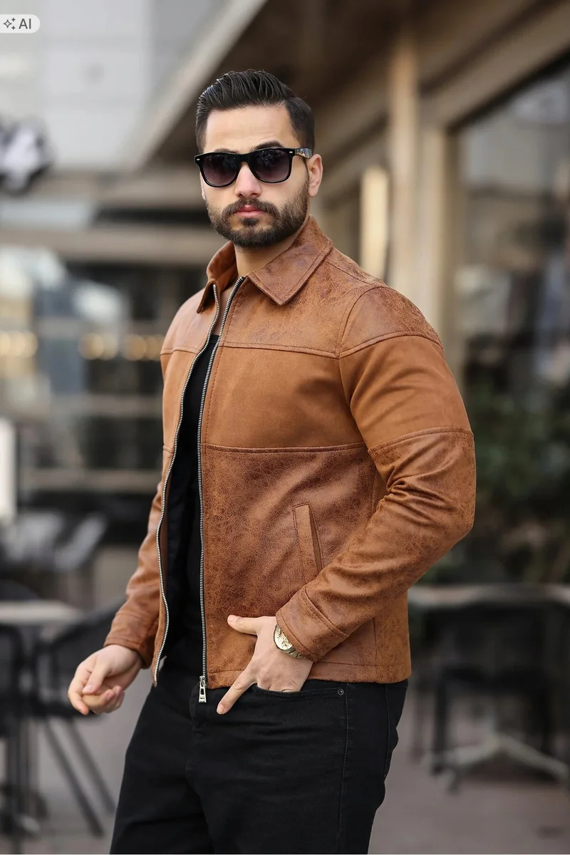 MĘSKA KURTKA ZAMSZOWA W STYLU VINTAGE Z ZAMKIEM M 5IA