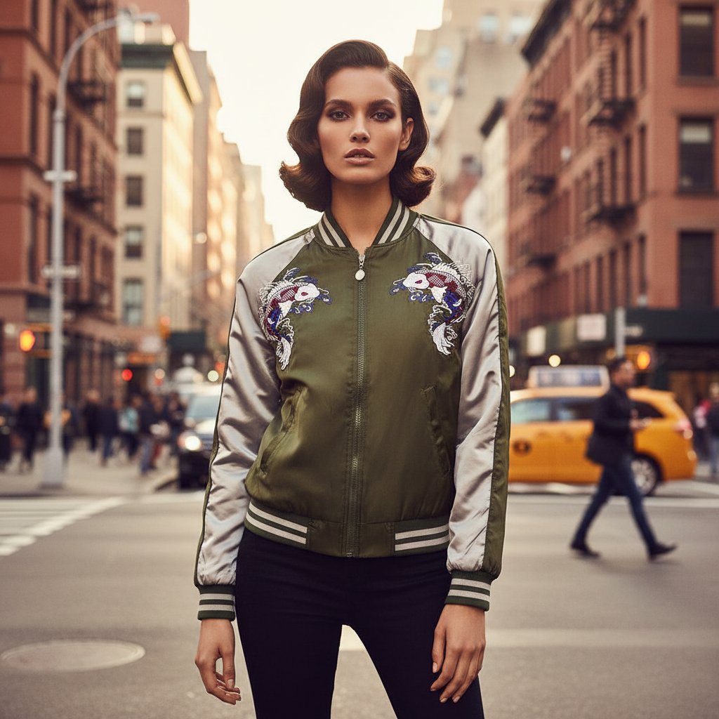 Kurtka Damska Bomberka Bejsbolówka Haft Koi Khaki #H-796 L