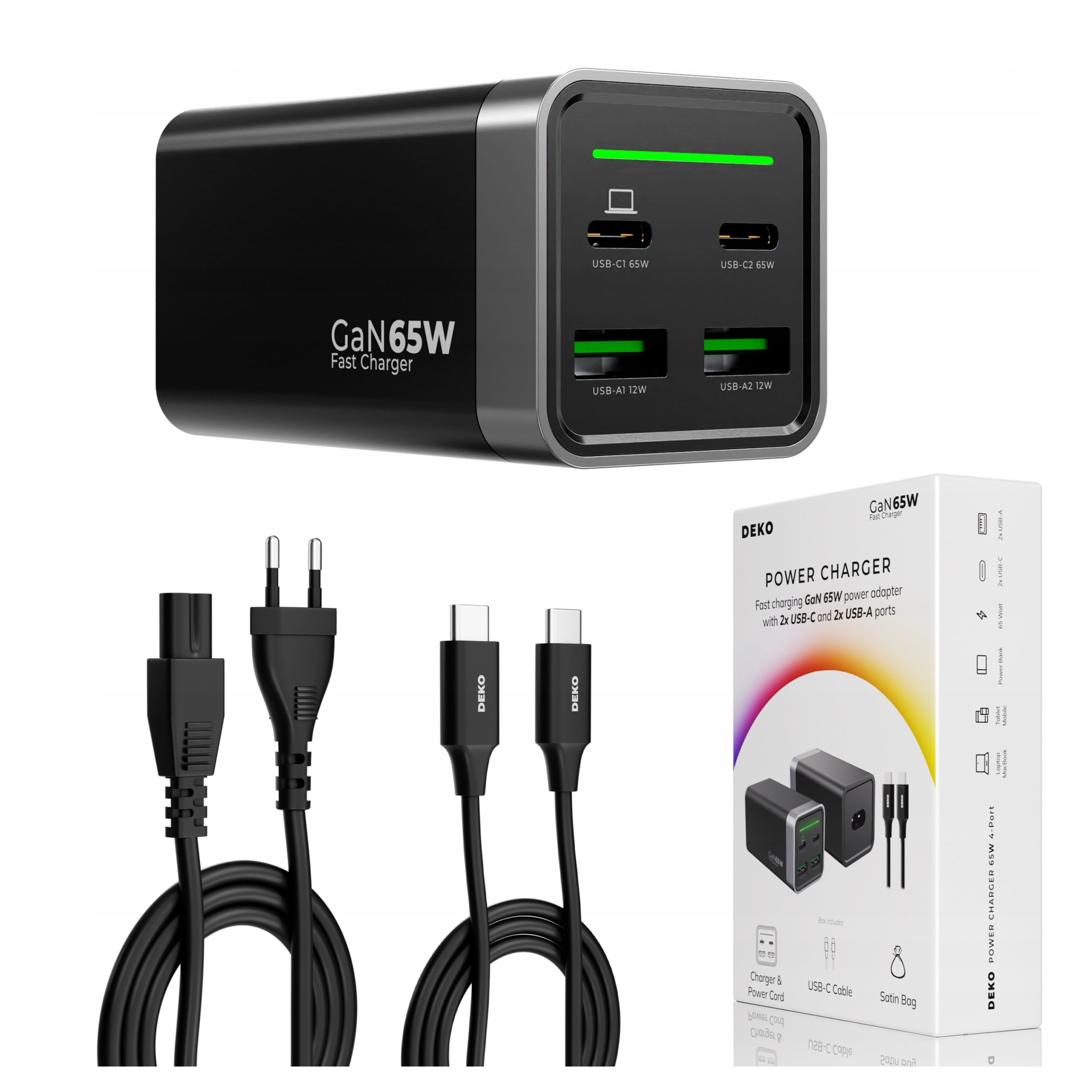 Ładowarka Sieciowa Szybko Ładująca 4x Usb 65W Typ C Deko Kabel Usb C 100W