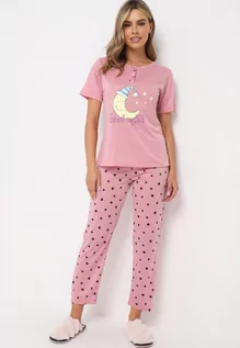 Piżamy damskie - Różowy Komplet Piżamowy Koszulka z Krótkim Rękawem i Nadrukiem i Spodnie na Gumce Fagiro - grafika 1