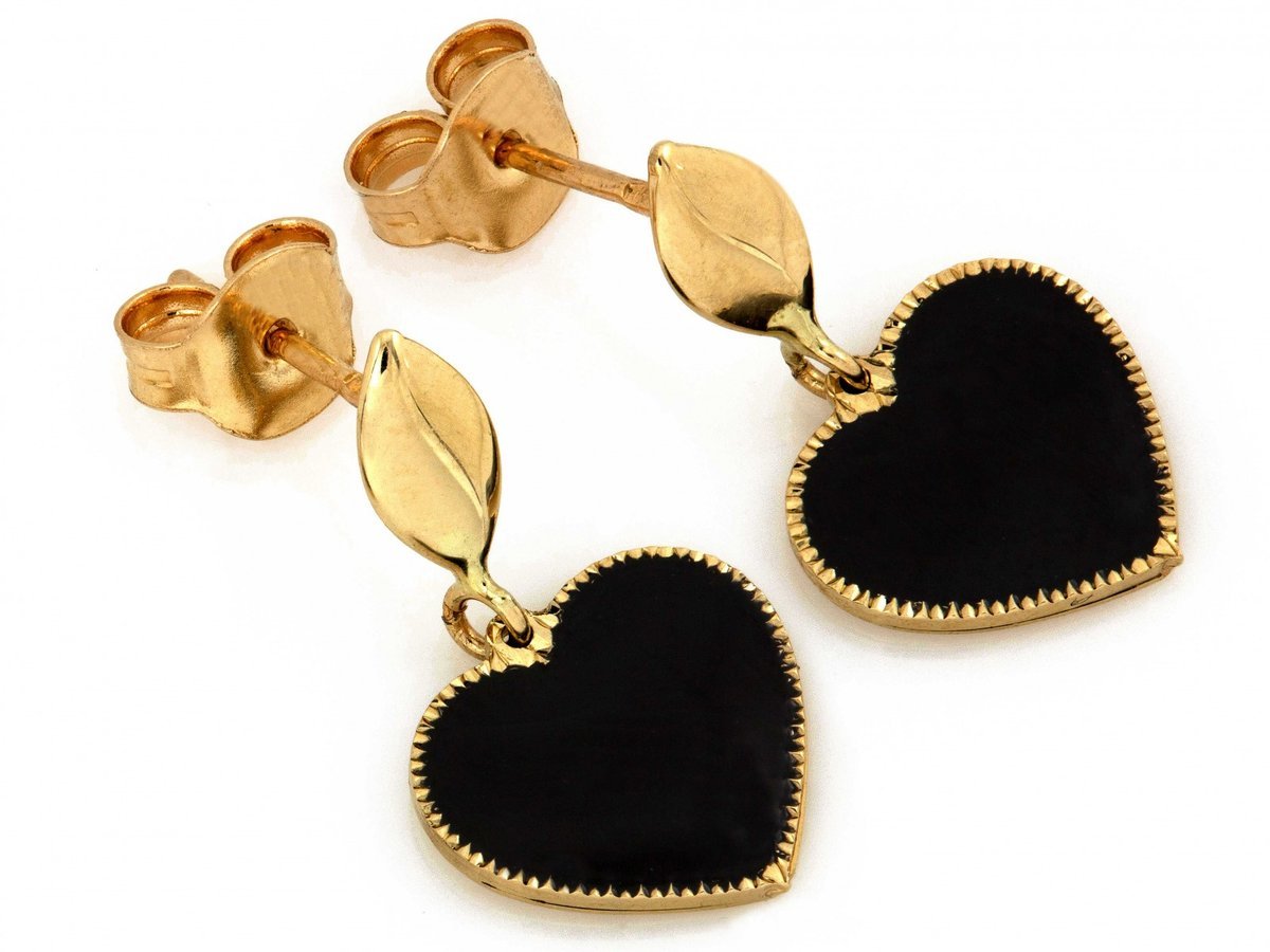 Kolczyki złote 585 czarne wiszące serce na sztyfcie 2.15g