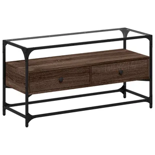 vidaXL Szafka pod TV ze szklanym blatem brązowy dąb 98x35x51 cm materiał drewnopochodny - Szafki RTV - miniaturka - grafika 1