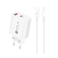 Ładowarki do telefonów - Ładowarka sieciowa 20W USB-A USB-C z kablem USB-C - iPhone Lightning 1m - biała HURTEL - miniaturka - grafika 1