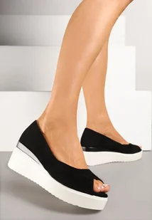 Czarne Czółenka z Imitacji Zamszu na Koturnie z Otwartym Noskiem Sadabelle - Czółenka - miniaturka - grafika 1