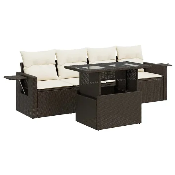 Zestaw wypoczynkowy rattan PE, brązowy, 55x62x69 cm, kremowa poduszka, 7 e