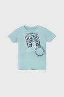 Koszulki dla chłopców - Guess t-shirt bawełniany kolor niebieski z nadrukiem - miniaturka - grafika 1