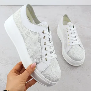 Półbuty na platformie koronkowe białe S.Barski HY51-059 - Półbuty damskie - miniaturka - grafika 1