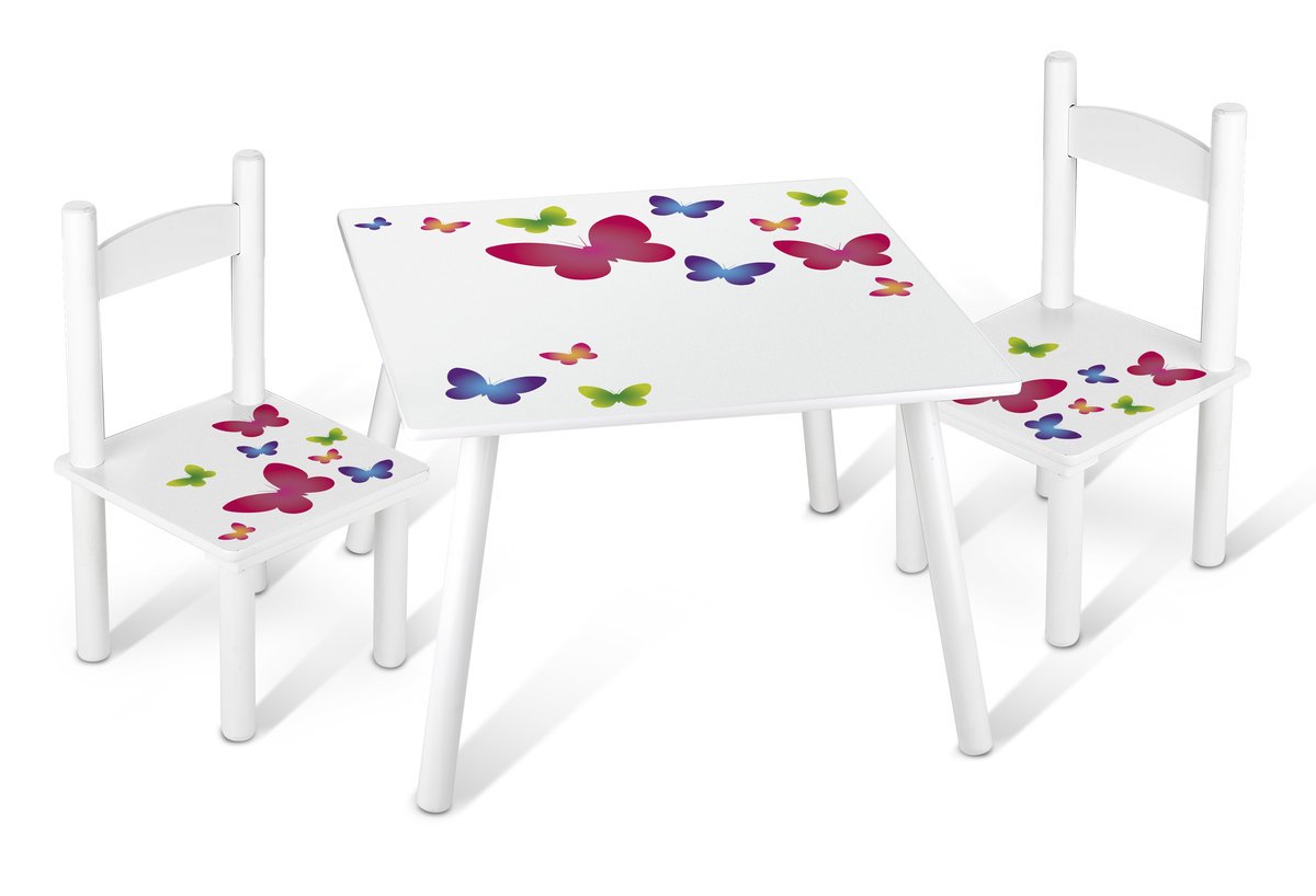 Stolik Dziecięcy Drewniany, 2 Krzesełka – Kolorowy Zestaw Nadruk 60x60x42cm