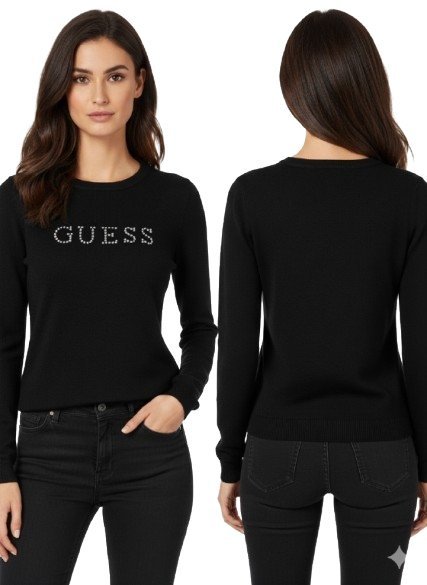 GUESS CZARNY SWETER DAMSKI Z OZDOBNYMI CYRKONIAMI PROSTY XL 1G_A