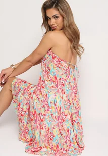 Różowa Bawełniana Sukienka z Wiązaniem na Szyi i Plecach Risalliem - Sukienki - miniaturka - grafika 1