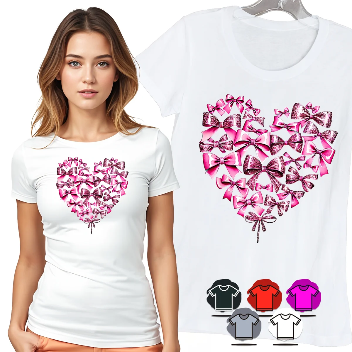 KOSZULKA DAMSKA T-SHIRT - SERCE Z RÓŻOWYCH KOKARDEK ELEGANCKI WZÓR - 3XL