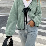 Swetry damskie - TEMU Kardigan Damski z Eleganckim Kolorowym Blokiem i Wiązaniem na Przodzie - Lekka Dzianina 100% Poliestrowa, Możliwość Prania w Pralce, Casualowa - miniaturka - grafika 1