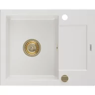Zlewozmywaki - Mexen Enzo zlewozmywak granitowy 1-komorowy z ociekaczem 576 x 465 mm, biały, syfon złoty - miniaturka - grafika 1