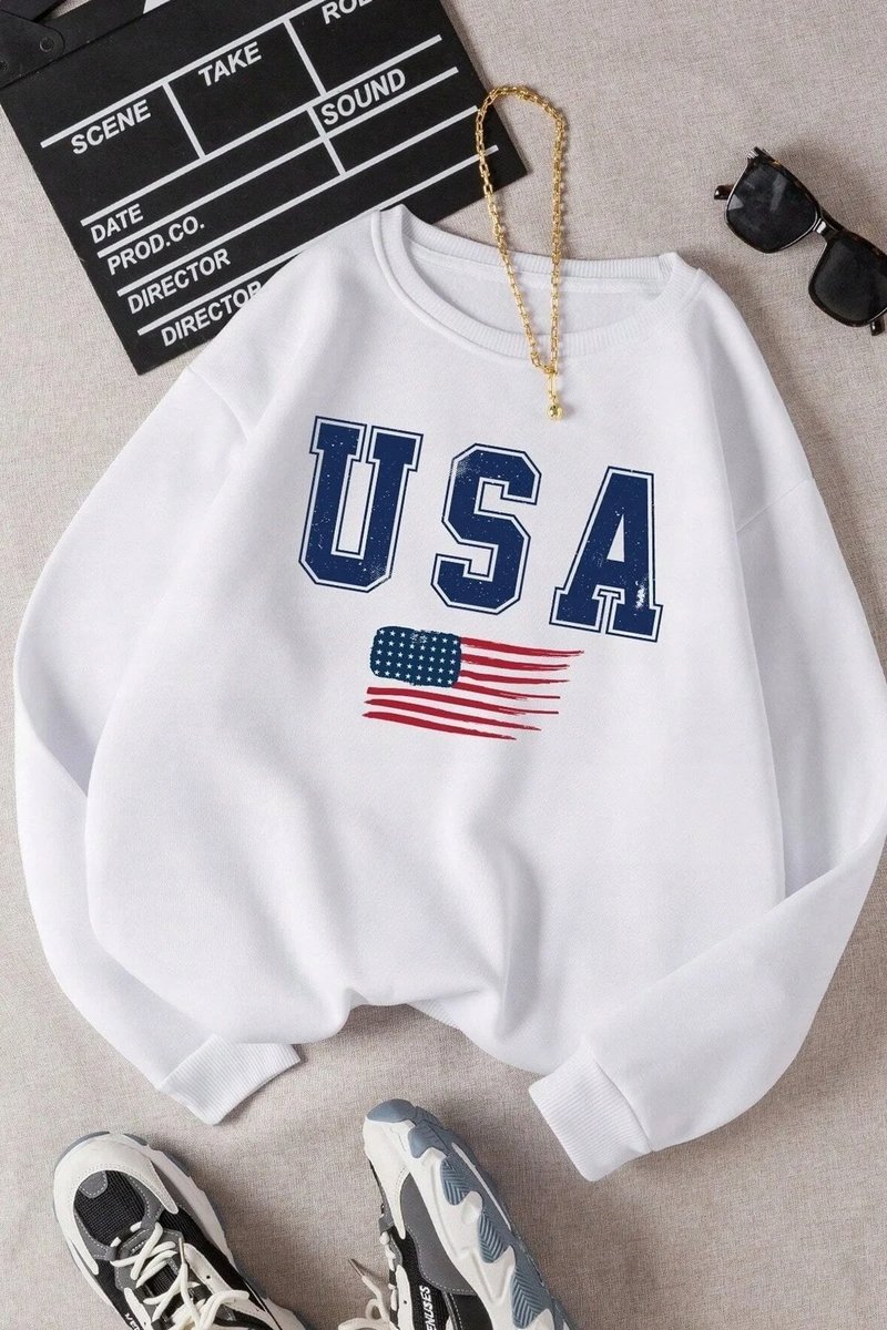 BIAŁA BLUZA DAMSKA Z NADRUKIEM USA I FLAGĄ WYGODNA MODNA CASUALOWA L 5GA*