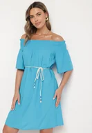 Sukienki - Niebieska Sukienka z Wiskozą Bawełną Hiszpańskim Dekoltem i Sznurkiem Lilarenne - miniaturka - grafika 1