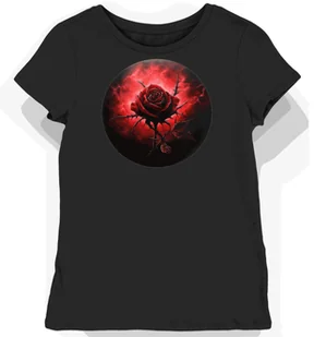 Koszulka damska czarna z nadrukiem czerwonych róż i cierni S - Koszulki i topy damskie - miniaturka - grafika 1