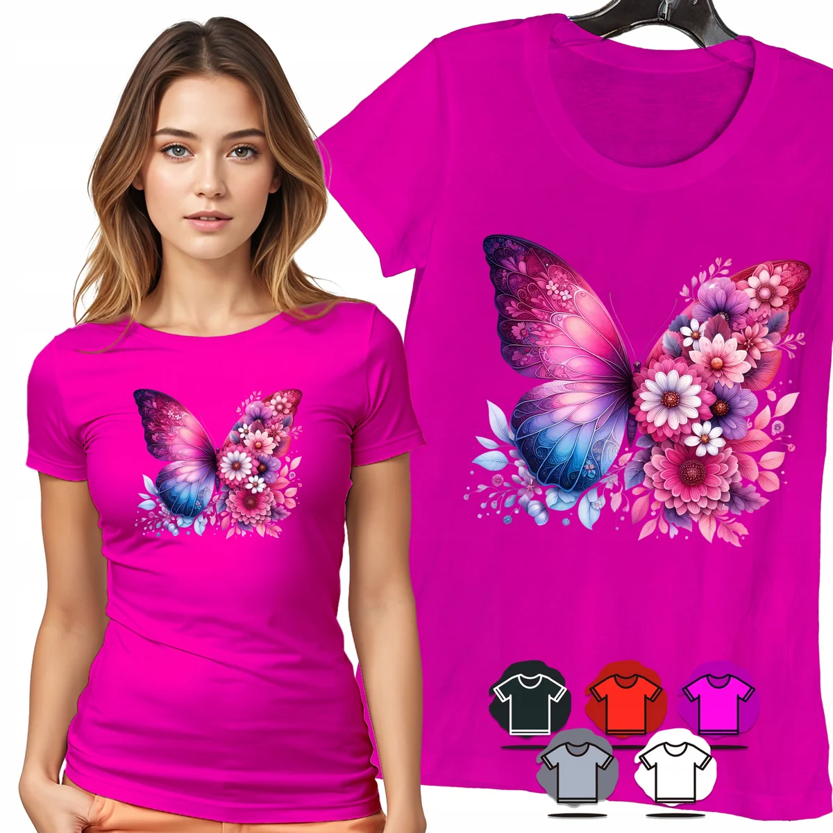 KOSZULKA DAMSKA T-SHIRT - MOTYL RÓŻOWE KWIATY PASTELOWY WZÓR DAMSKI - L