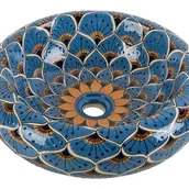 Umywalki - Meksykańska ceramiczna umywalka nablatowa z reliefem Azura Prima – okrągła umywalka łazienkowa 40 x 13,5 cm Umywalka z motywami Talavera - miniaturka - grafika 1