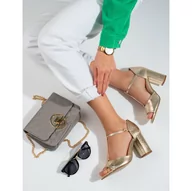 Sandały damskie - Złote damskie klasyczne sandały na wysokim słupku Shelovet złoty - miniaturka - grafika 1